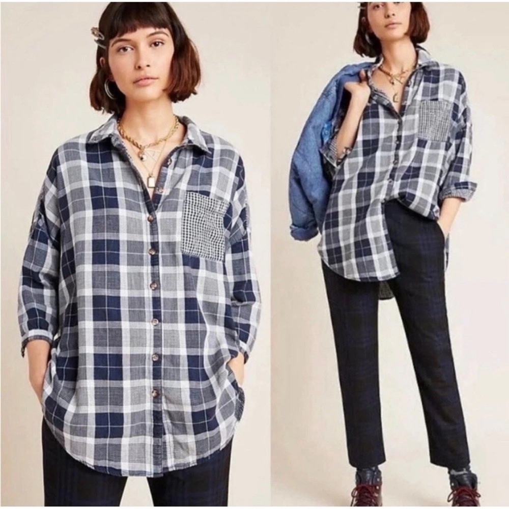 ANTHROPOLOGIE Pilcro The Bo Boyfriend Flannel Gingham Navy Blue Shirt | Size M/L